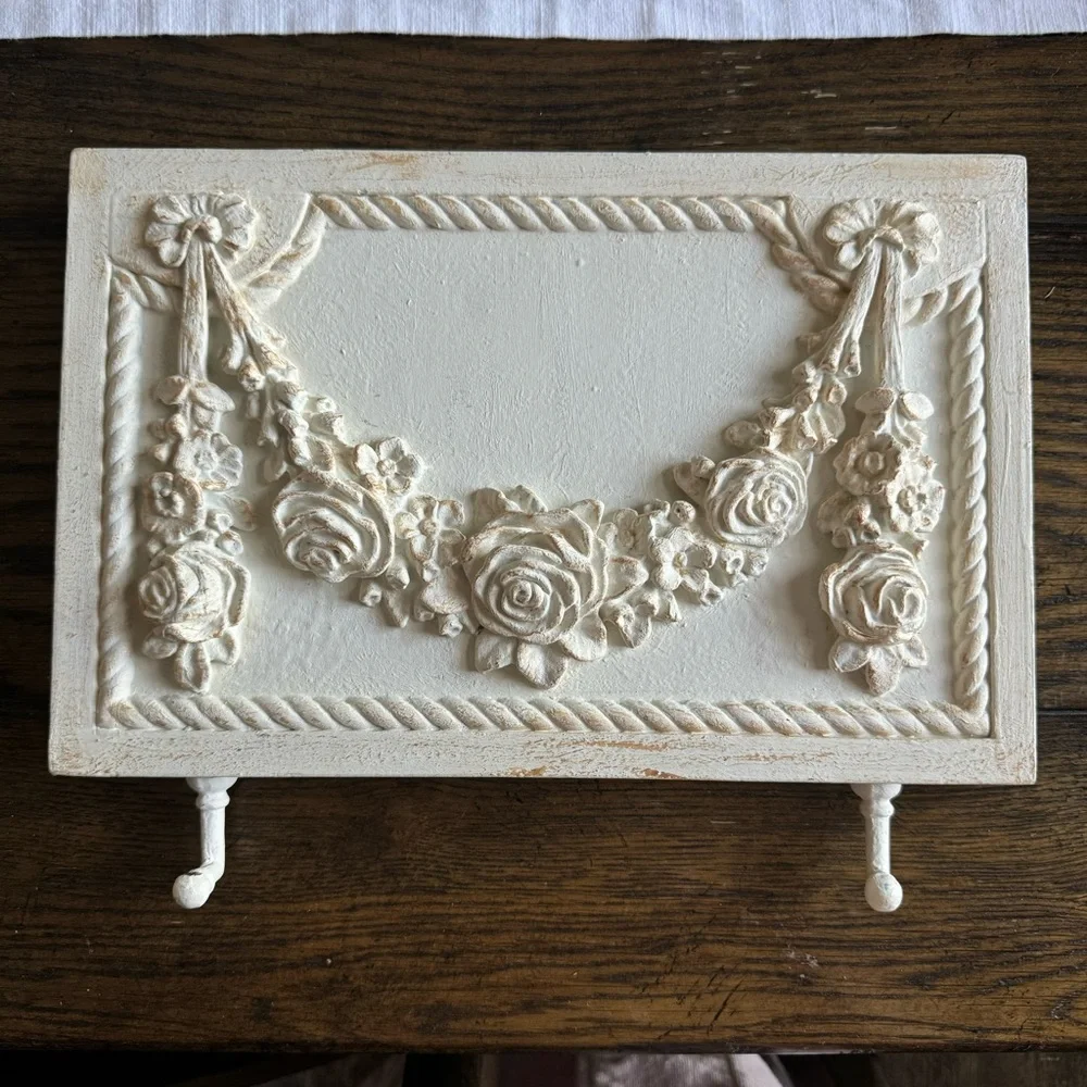 vintage-style decorative white rose wall hook panel with sculpted floral designs